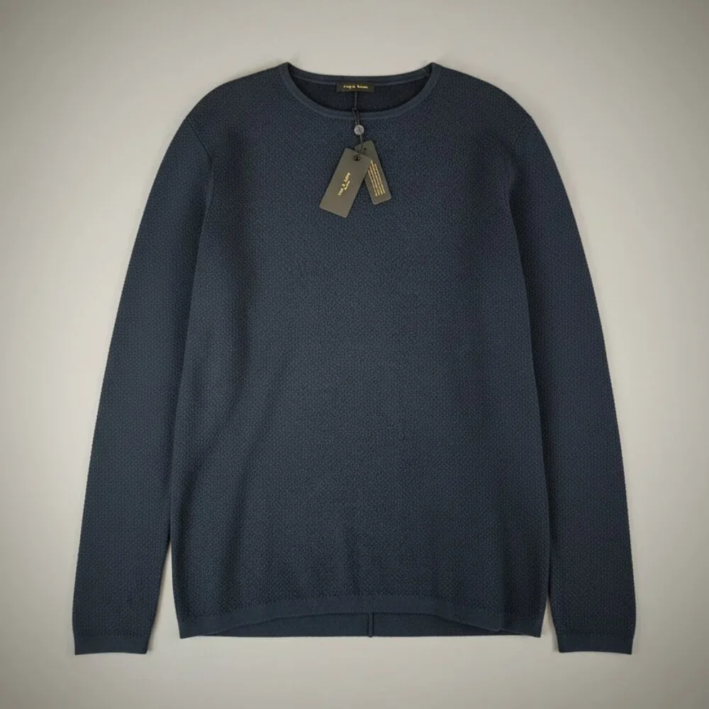 Rag & Bone Navy Bennet Crew Sweater, Size S, NWT Waffle Pointelle Wool/Cotton - Picture 6 of 10